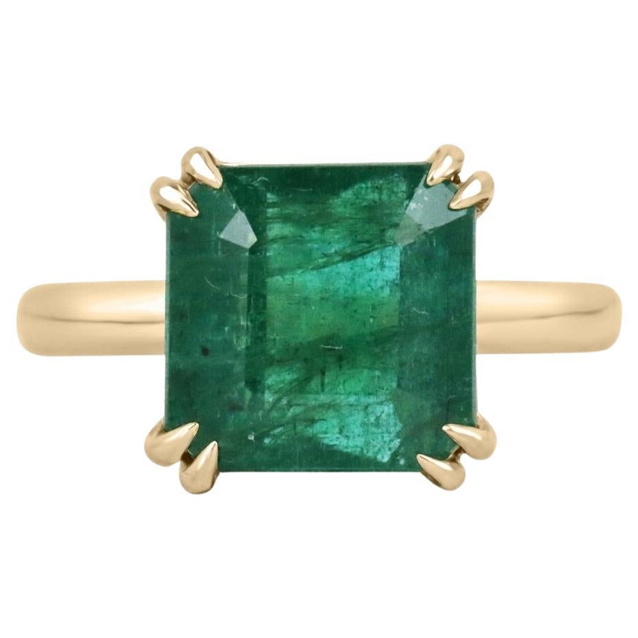 7.0ct 18K Dark Alpine Green Asscher Cut Emerald Solitaire Prong Set Gold Ring For Sale