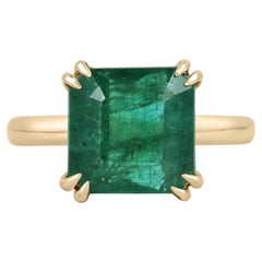 7.0ct 18K Dark Alpine Green Asscher Cut Emerald Solitaire Prong Set Gold Ring