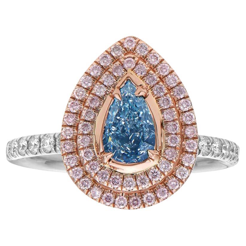 0.70ct GIA Fancy Light Blue Pear Diamond Ring For Sale