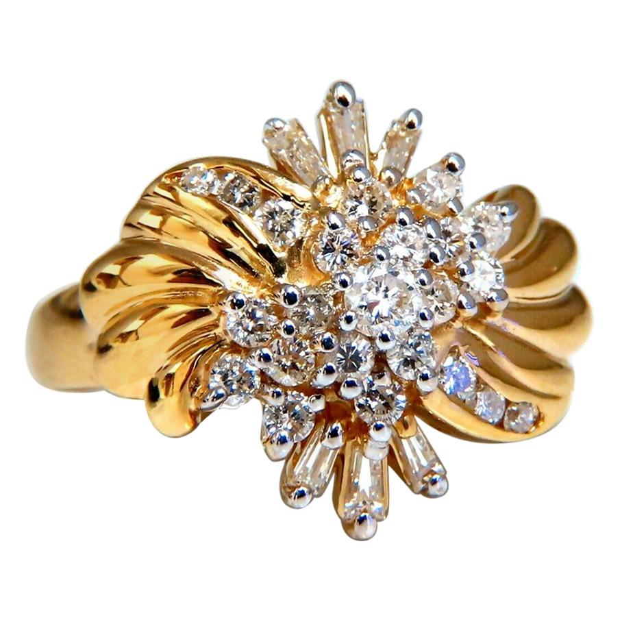 .70ct Natural Baguette & Rounds Flaming Cocktail Cluster Diamonds Ring 14 Karat For Sale