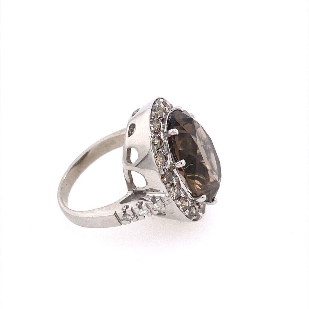 Round Cut 7.0ct Oval Smoky Quartz Stone Surrounded Ring by 30 Diamonds in 18ct White Gold For Sale
