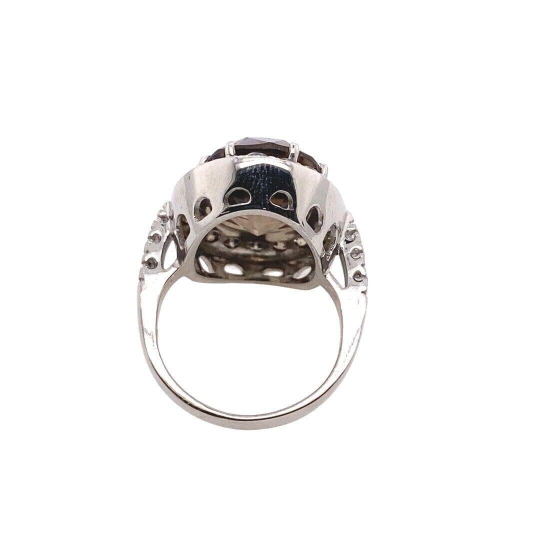 7.0ct Oval Smoky Quartz Stone Surrounded Ring by 30 Diamonds in 18ct White Gold In Excellent Condition For Sale In London, GB