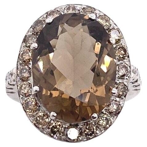 7.0ct Oval Smoky Quartz Stone Surrounded Ring by 30 Diamonds in 18ct White Gold For Sale