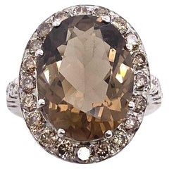 Vintage 7.0ct Oval Smoky Quartz Stone Surrounded Ring by 30 Diamonds in 18ct White Gold