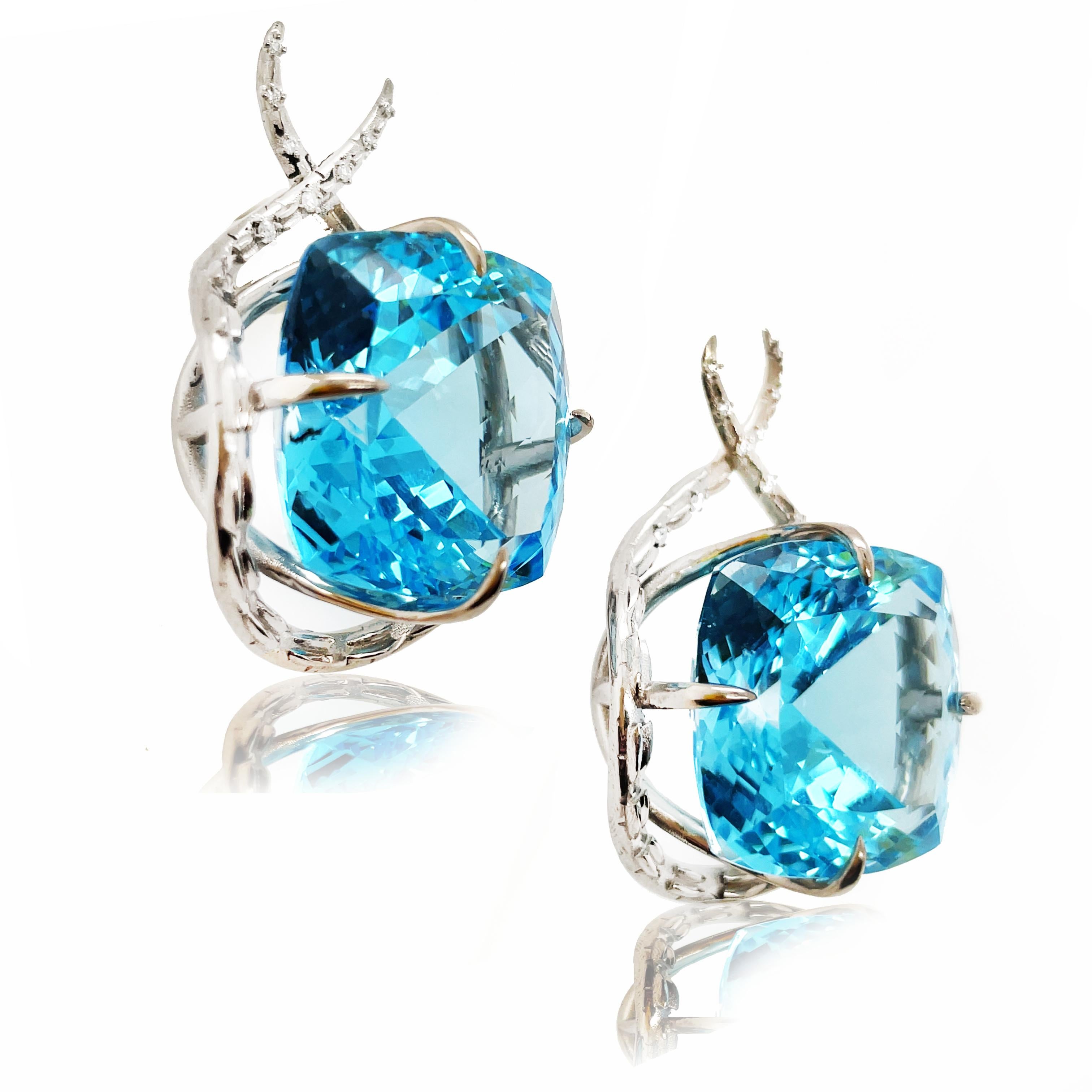 70ct Topaz Crocodile Drop earrings cushion cut in 18ct white gold  In New Condition For Sale In Brisbane, AU