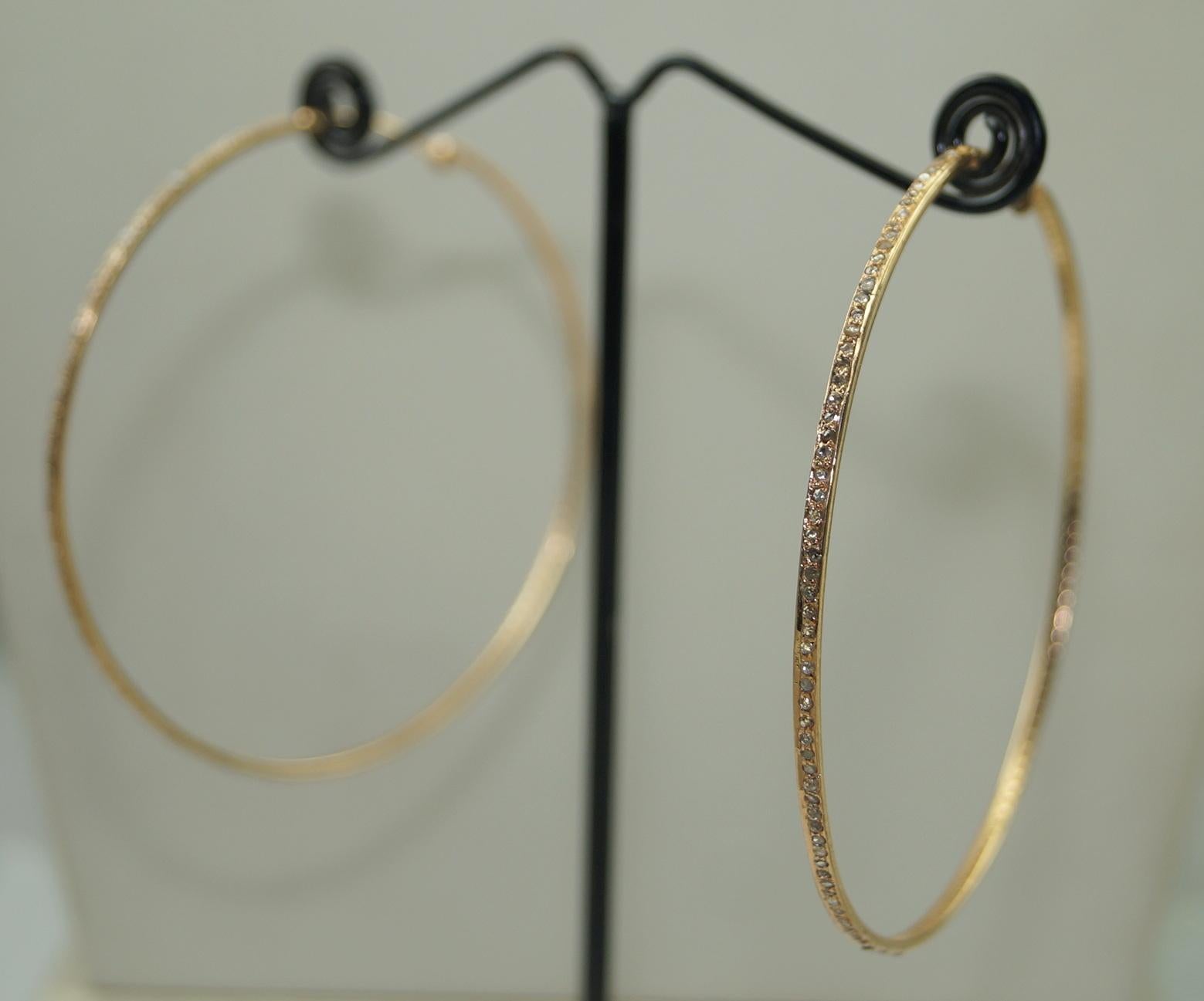 Edwardian 70mm pave diamonds yellow gold plated sterling silver hoops earrings For Sale