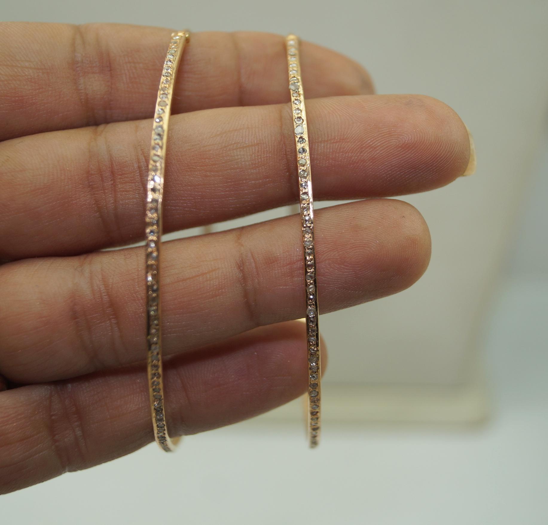 Rose Cut 70mm pave diamonds yellow gold plated sterling silver hoops earrings For Sale
