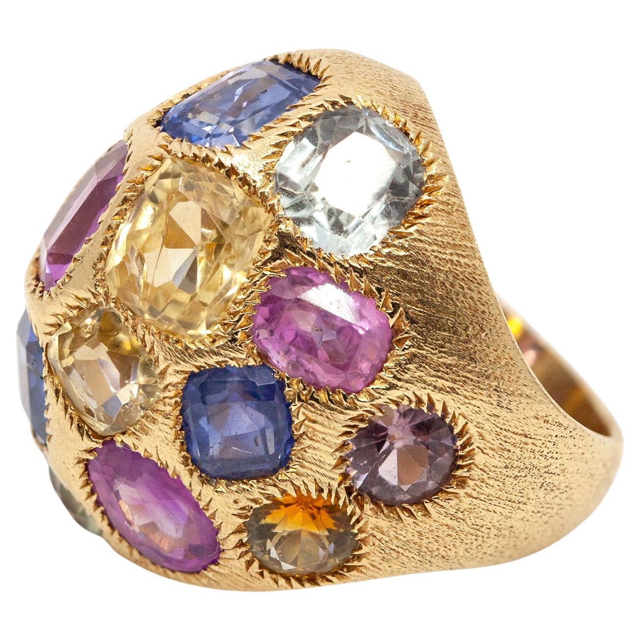70s-80s 14K Gold 22.21 carat Multi-Color Sapphire Cocktail Dome Ring