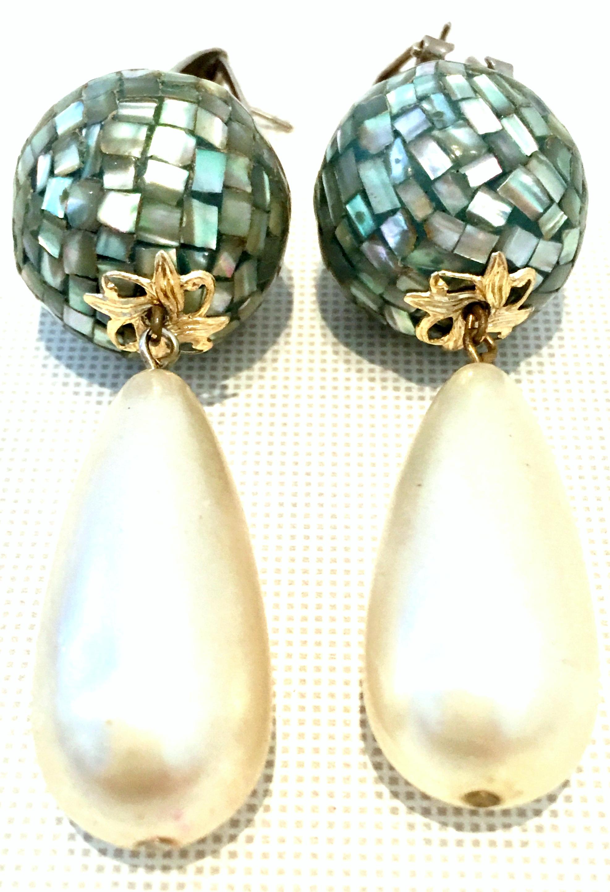 20th Century Monumental Mosaic Abalone Shell & Faux Pearl Drop Pierced Earrings. Features two-tone silver & gold with round mosaic abalone and large faux pearl drops. The size of each pearl is approximately, 1.5