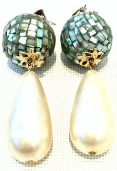 70'S Abalone Shell & Faux Pearl Drop Pierced Earrings