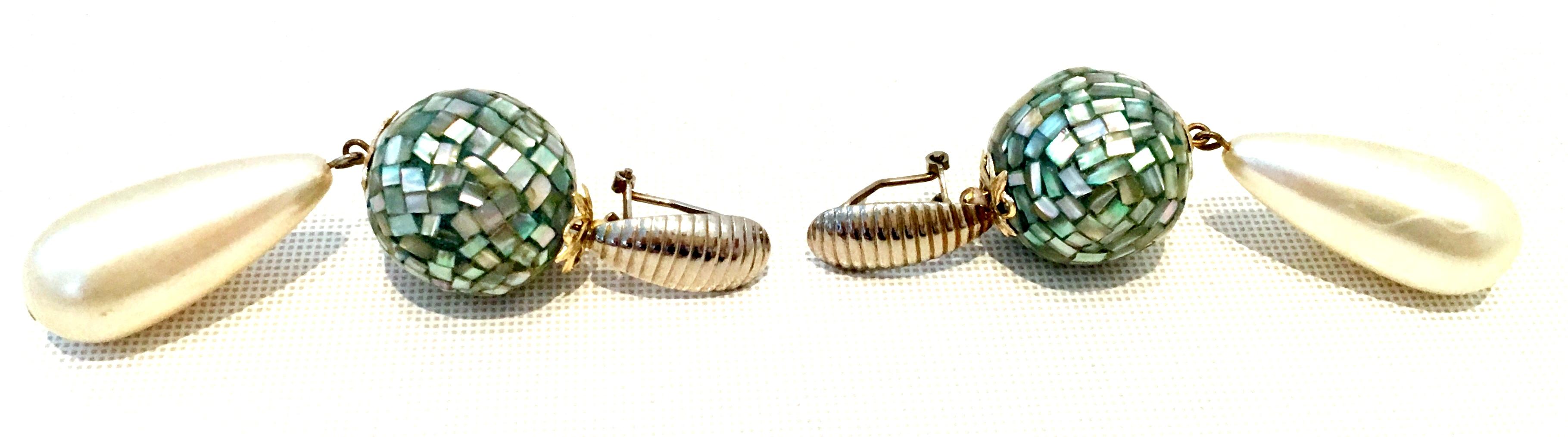 Women's or Men's 70'S Abalone Shell & Faux Pearl Drop Pierced Earrings For Sale