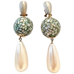 70'S Abalone Shell & Faux Pearl Drop Pierced Earrings
