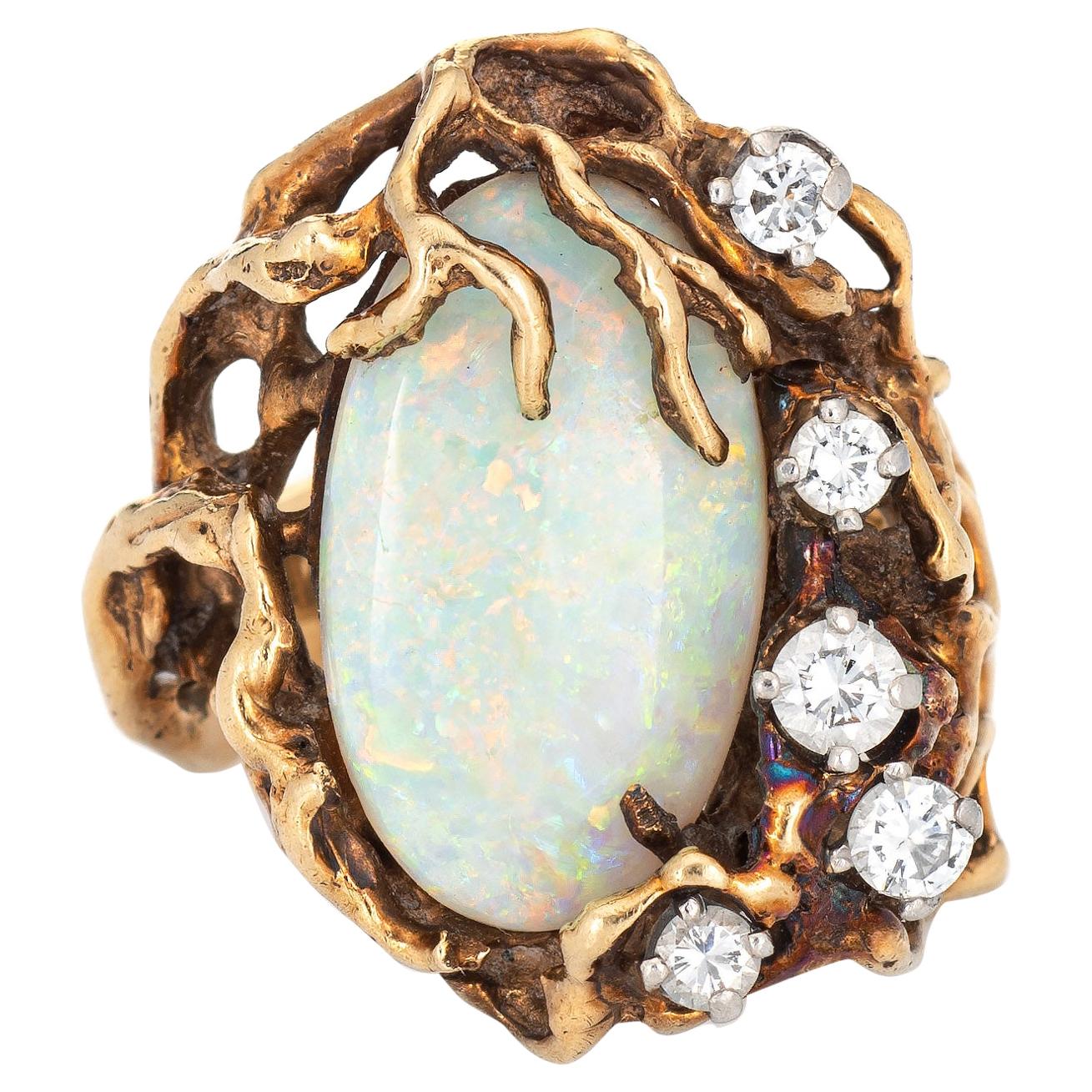 70s Abstract Opal Diamond Ring Vintage 14k Yellow Gold Cocktail Jewelry
