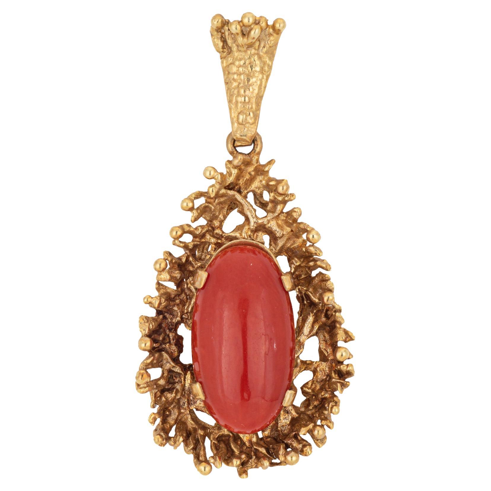 70s Abstract Red Coral Pendant Vintage 14k Yellow Gold Estate Fine Jewelry