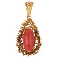 70s Abstract Red Coral Pendant Vintage 14k Yellow Gold Estate Fine Jewelry