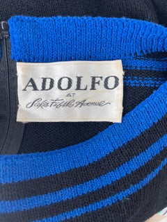 70s Adolfo For Saks 5th Avenue Black Blue Flower Print Vintage 1970s Knit Dress