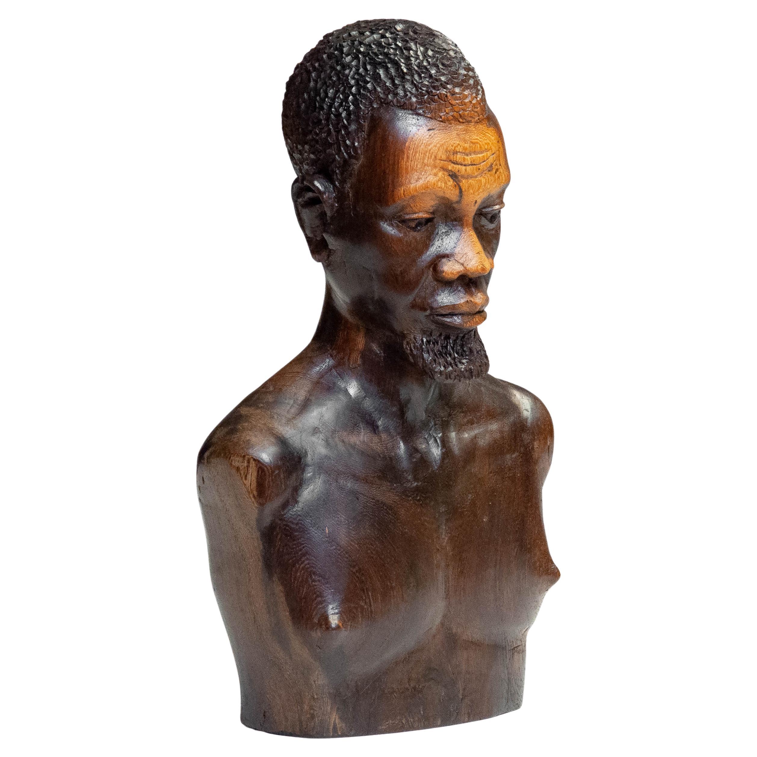 African Wooden Sculpture / Bust of a Man Carved Out of Piece of Palissander, 70s For Sale