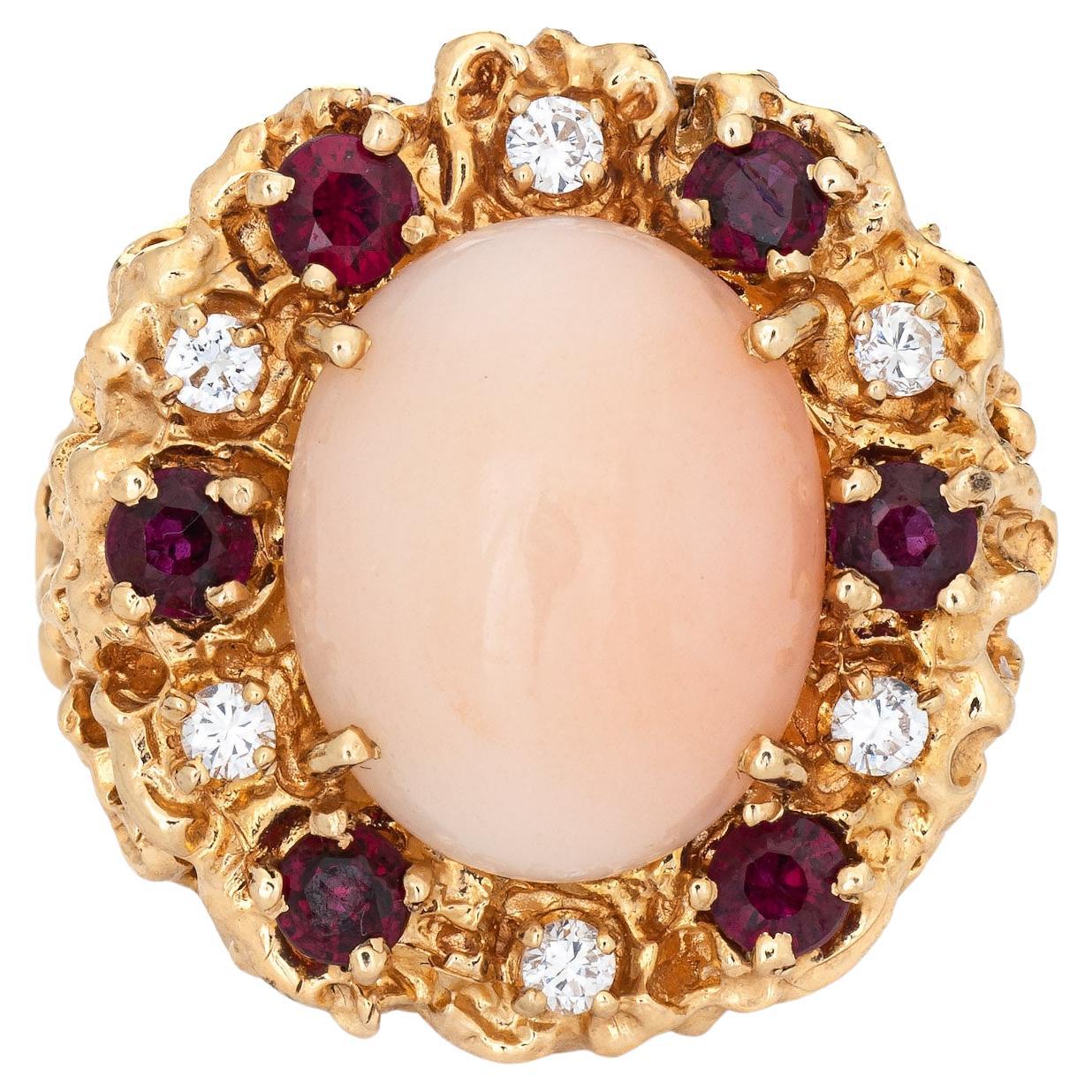 70s Angel Skin Coral Ring Ruby Diamond Vintage Nugget 14k Yellow Gold Cocktail