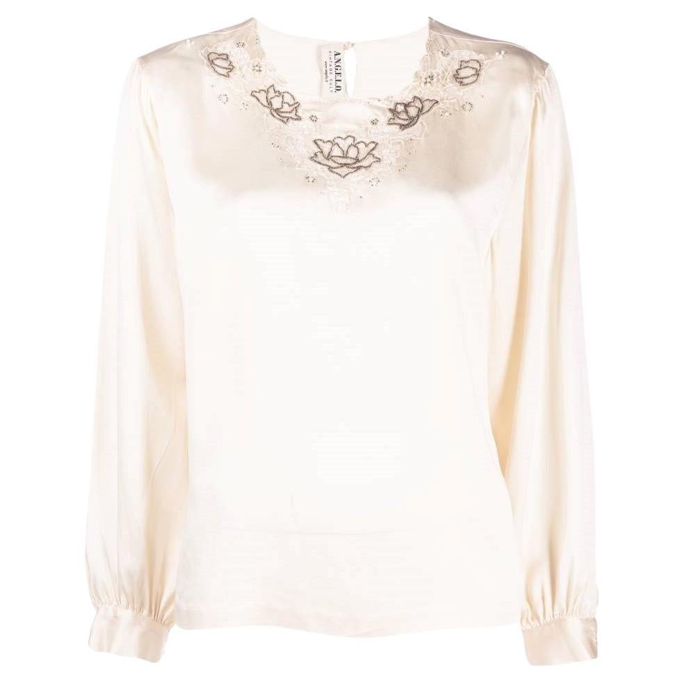 70s A.N.G.E.L.O. Vintage Cult ivory silk blouse with embroidery embellished For Sale