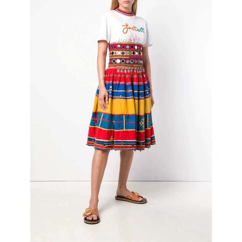 A.N.G.E.L.O. Vintage Cult multicolor cotton Rajasthani knee-length skirt with metal beads and decorative tiny mirrors. Drawstrings at the waist, delicate pleats and wide bottom.

Size: 42 IT

Flat measurements
Height: 82 cm
Waist: 39 cm

Product