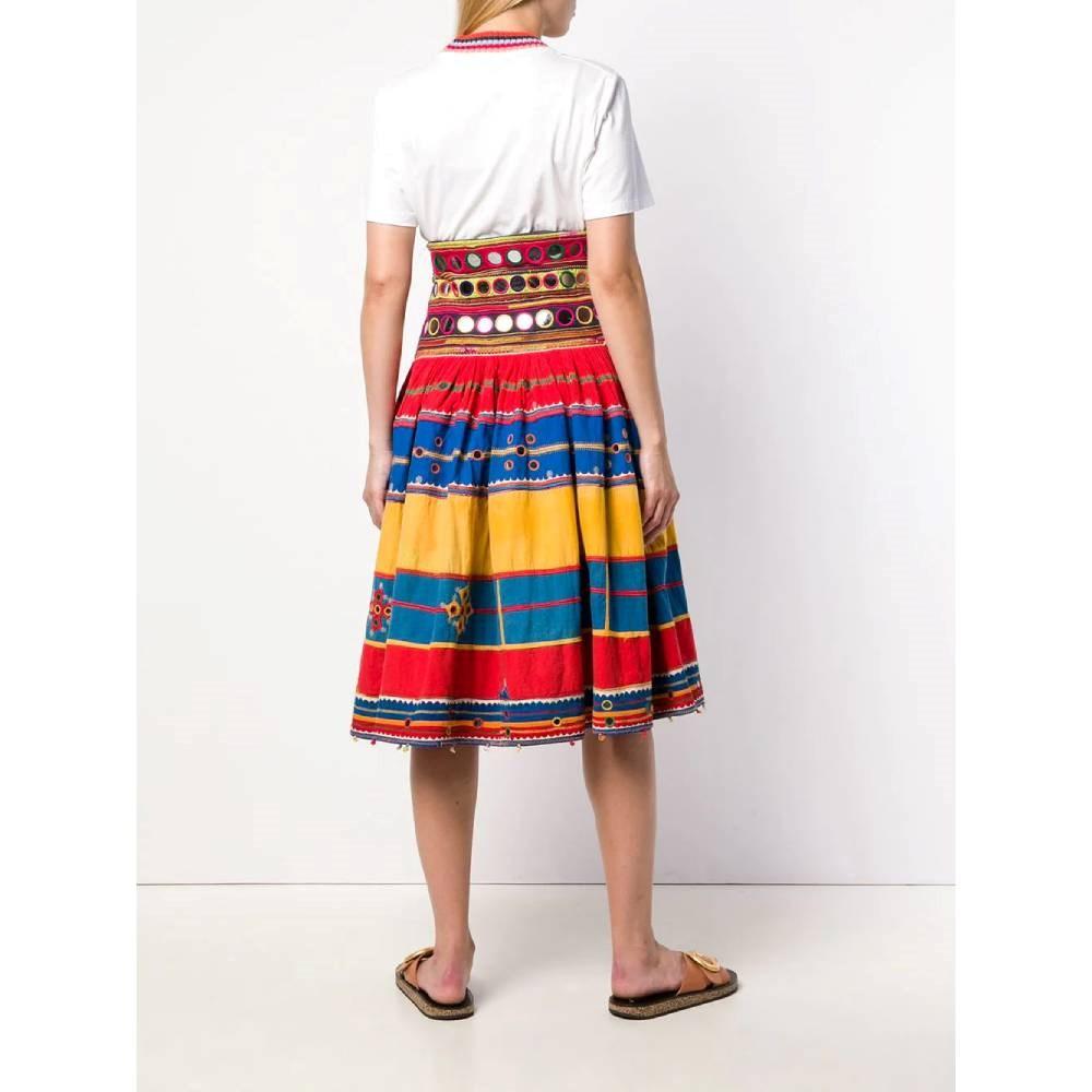 Red 70s A.N.G.E.L.O. Vintage Cult multicolor cotton Rajasthani knee-length skirt For Sale
