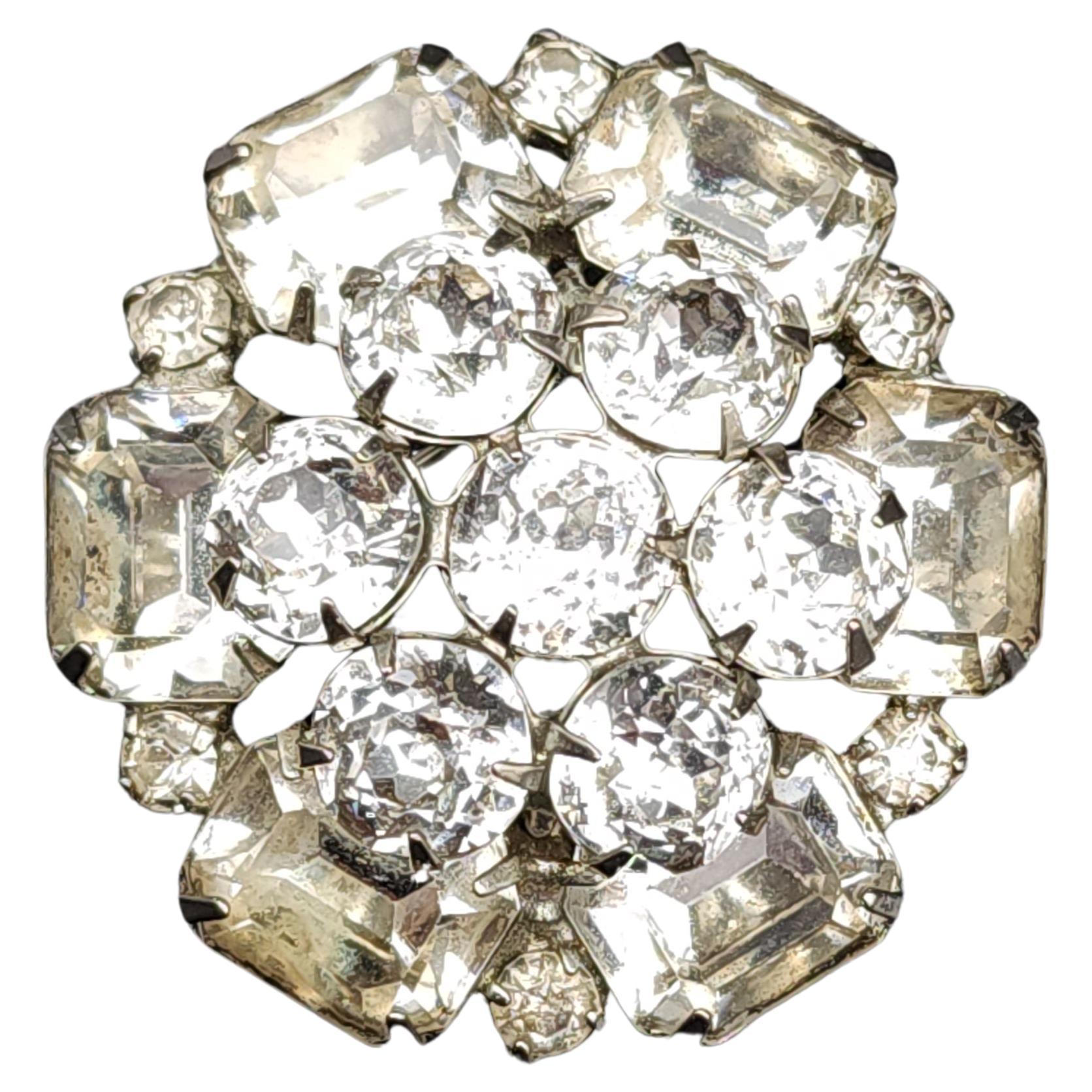 70s Art Deco Round Crystal Pin, Vintage Silver-Tone Brooch, Prong Set, Clear For Sale