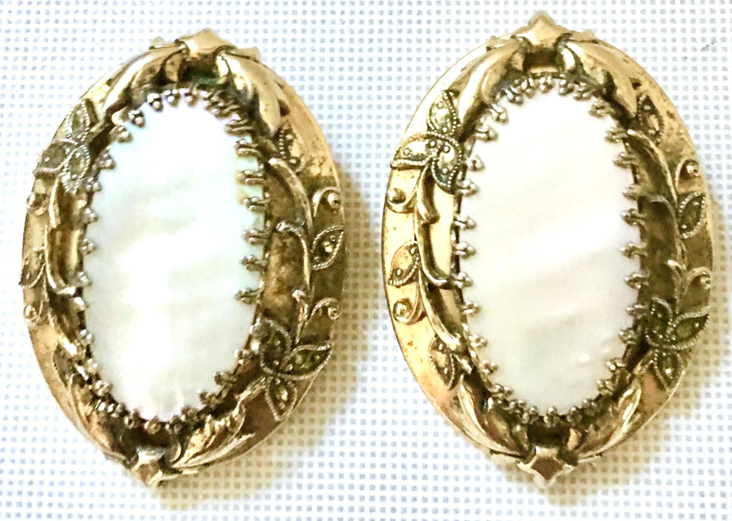 1970'S Art Nouveau Style Monumental Gold Plate & Authentic Mother Of Pearl Clip Style Earrings. Mother of Pearl stone measures approximately, 1.25