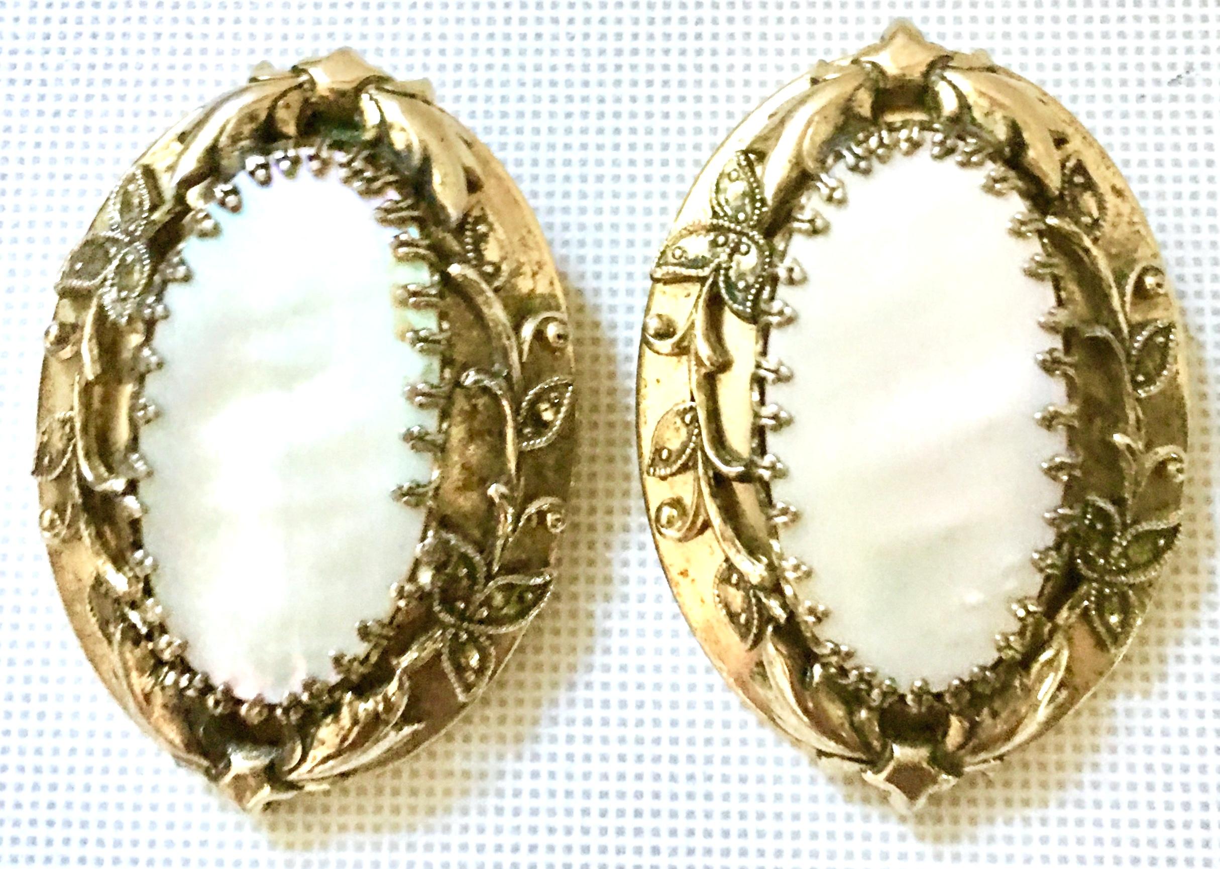 70's Art Nouveau Style Gold & Mother Of Pearl Earrings By, Whiting & Davis In Good Condition For Sale In West Palm Beach, FL