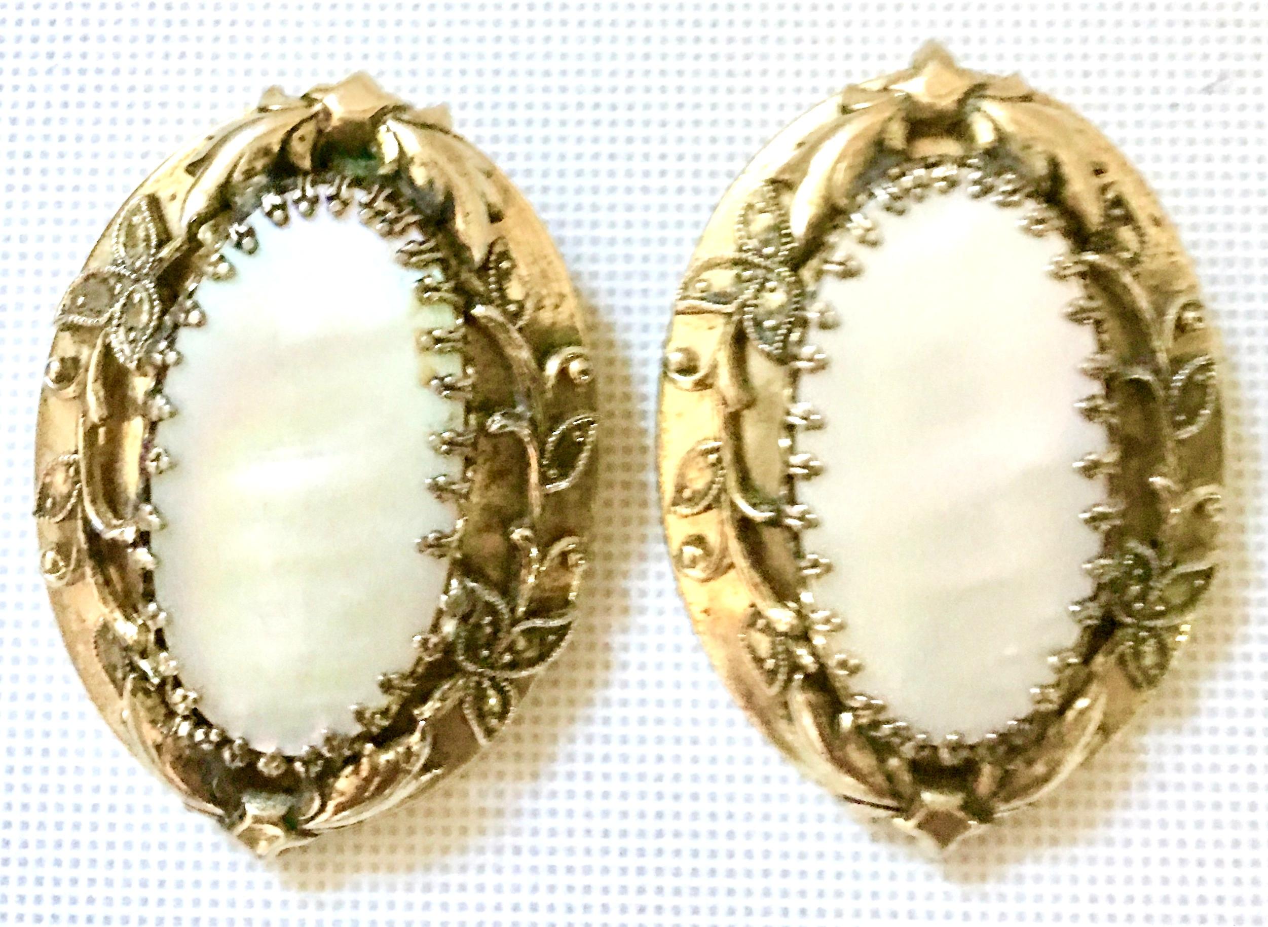 Women's or Men's 70's Art Nouveau Style Gold & Mother Of Pearl Earrings By, Whiting & Davis For Sale