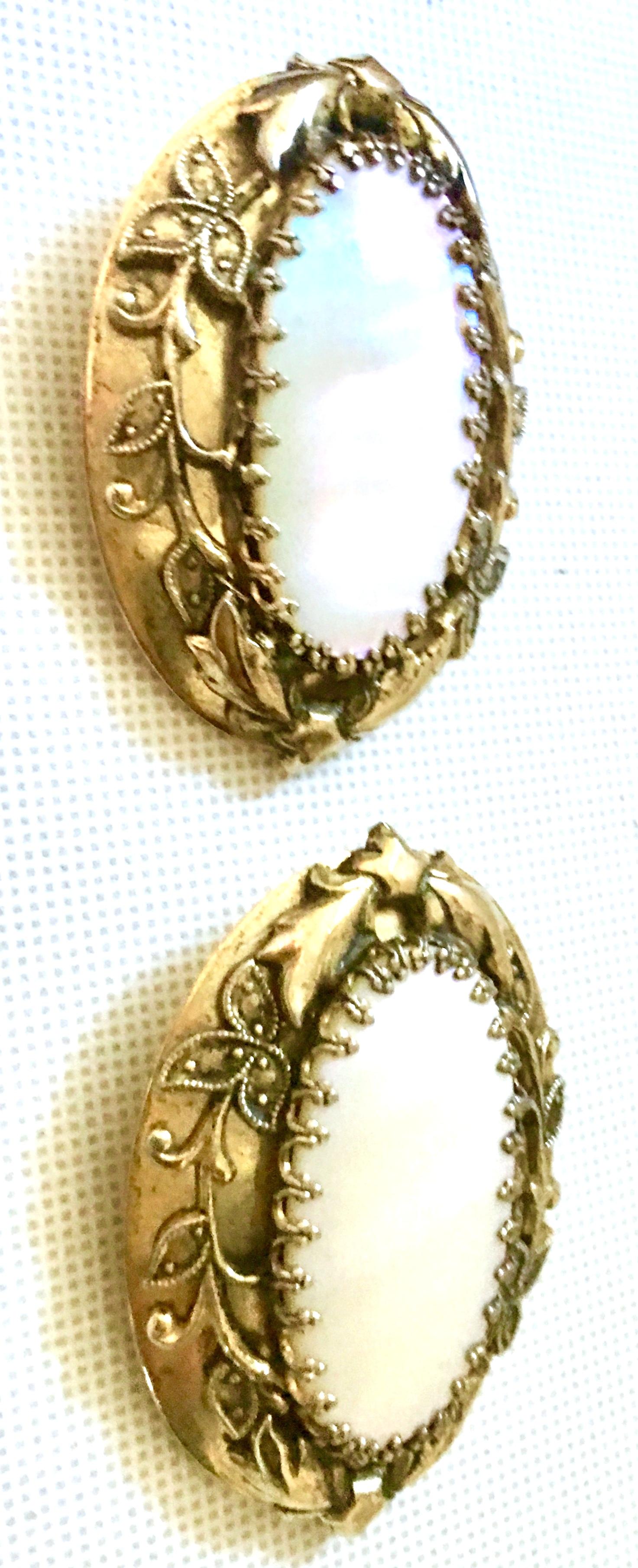 70's Art Nouveau Style Gold & Mother Of Pearl Earrings By, Whiting & Davis In Good Condition For Sale In West Palm Beach, FL