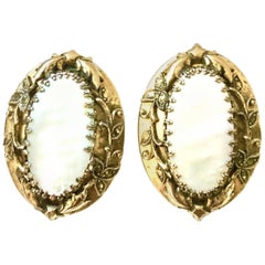 70's Art Nouveau Style Gold & Mother Of Pearl Earrings By, Whiting & Davis