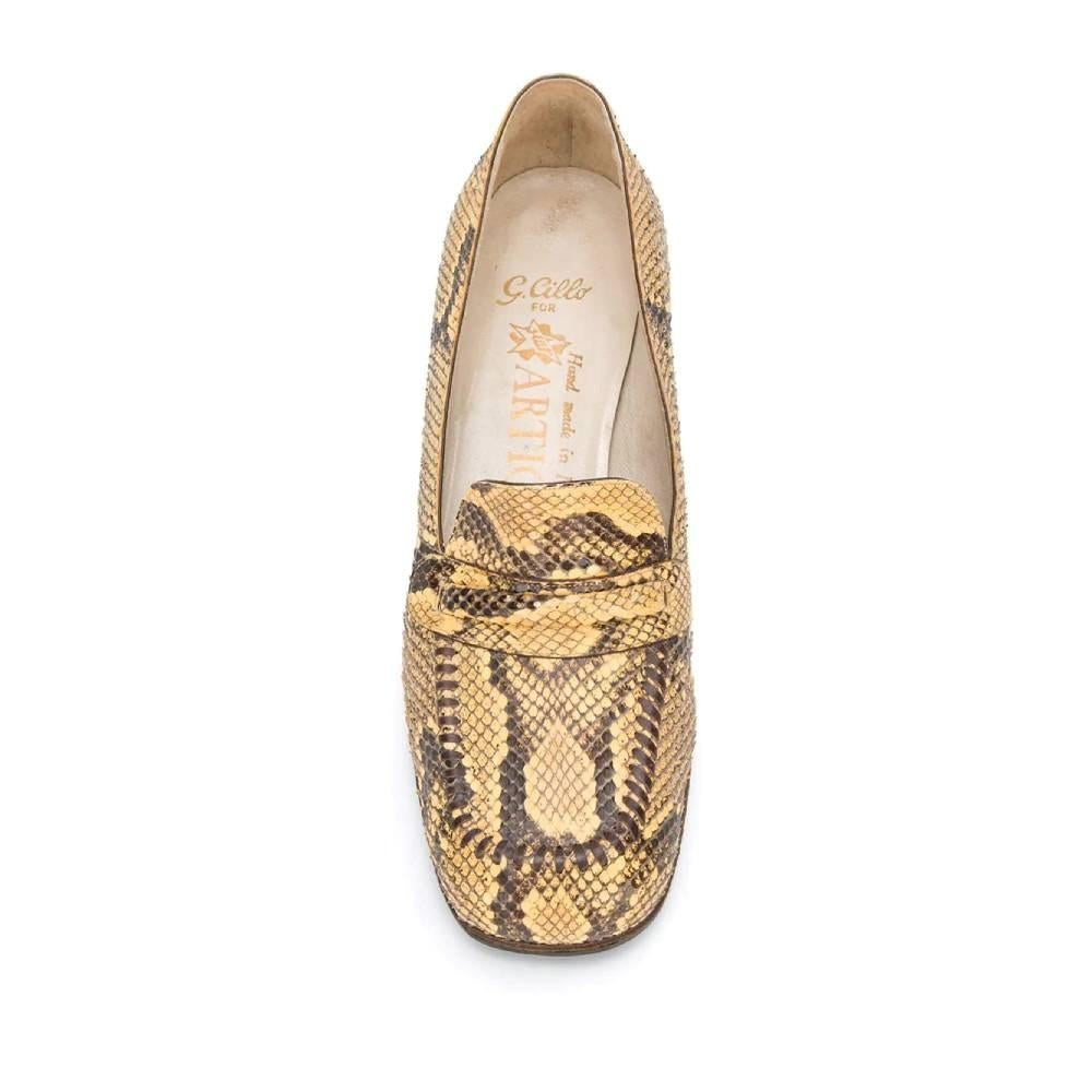 Women's 70s Artioli Vintage sand-color and brown pythonskin loafers For Sale