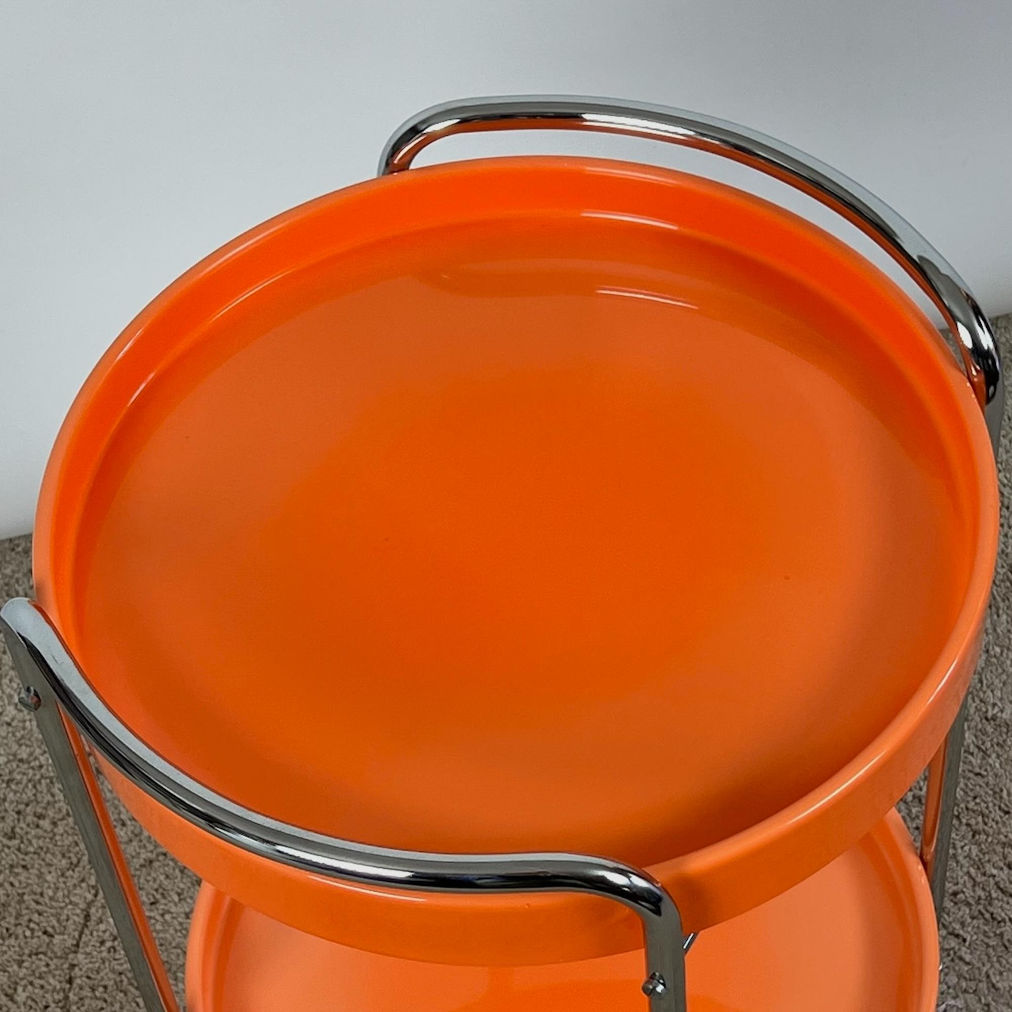 Space Age 70s Bar Cart – Chrome and Orange Plastic Trays - Retro Italian Design