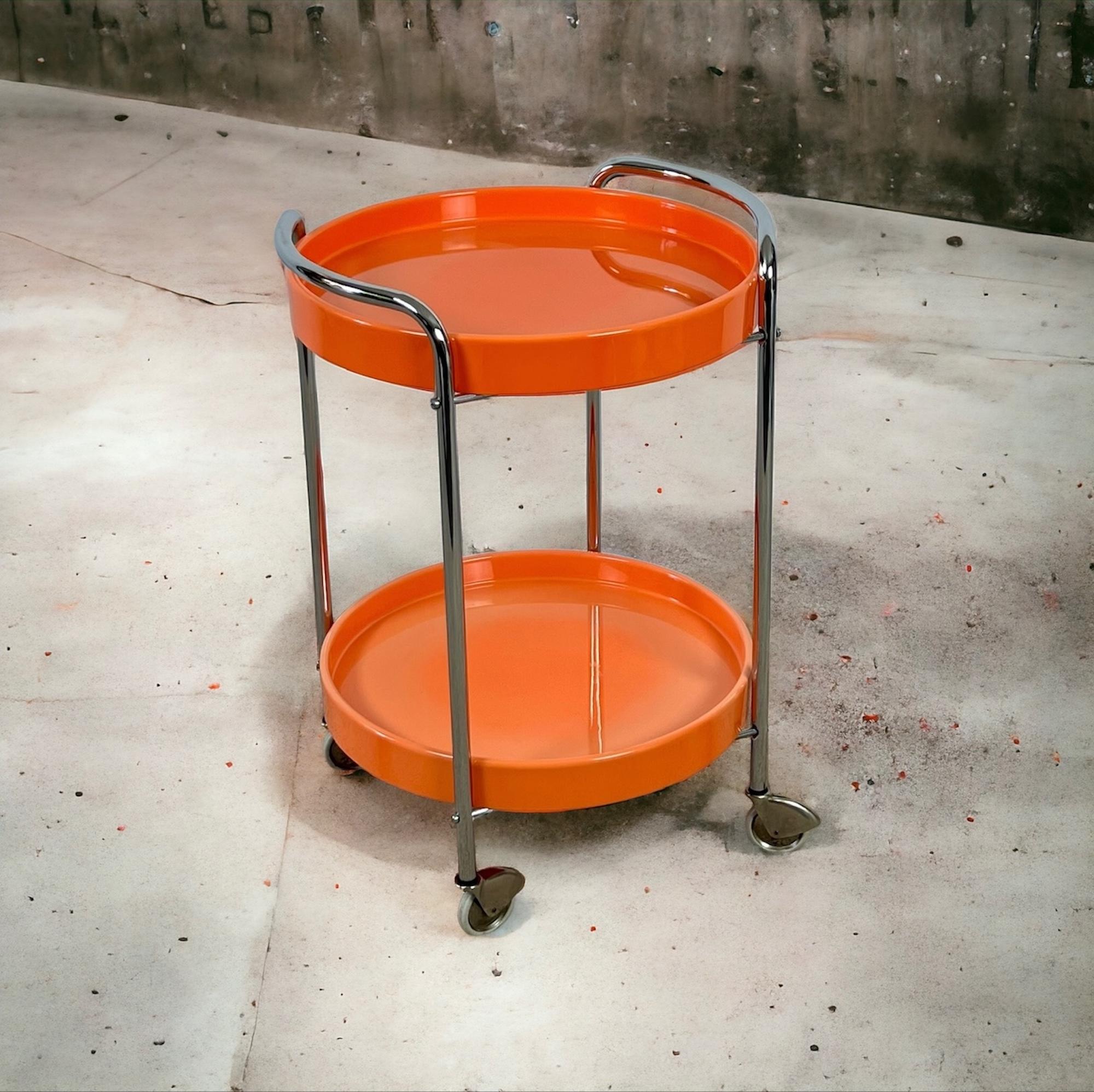 Late 20th Century 70s Bar Cart – Chrome and Orange Plastic Trays - Retro Italian Design