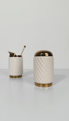 70s Bar Cocktail Set in Brass & Ivory White Ribbed Ceramic, Tommaso Barbi Style