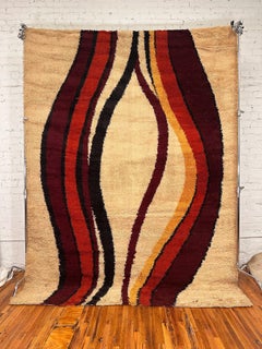 70's BELLE RYA, Scandinavian Cream Burgundy Waves, UNUSED, Mid Century, Rya Rug