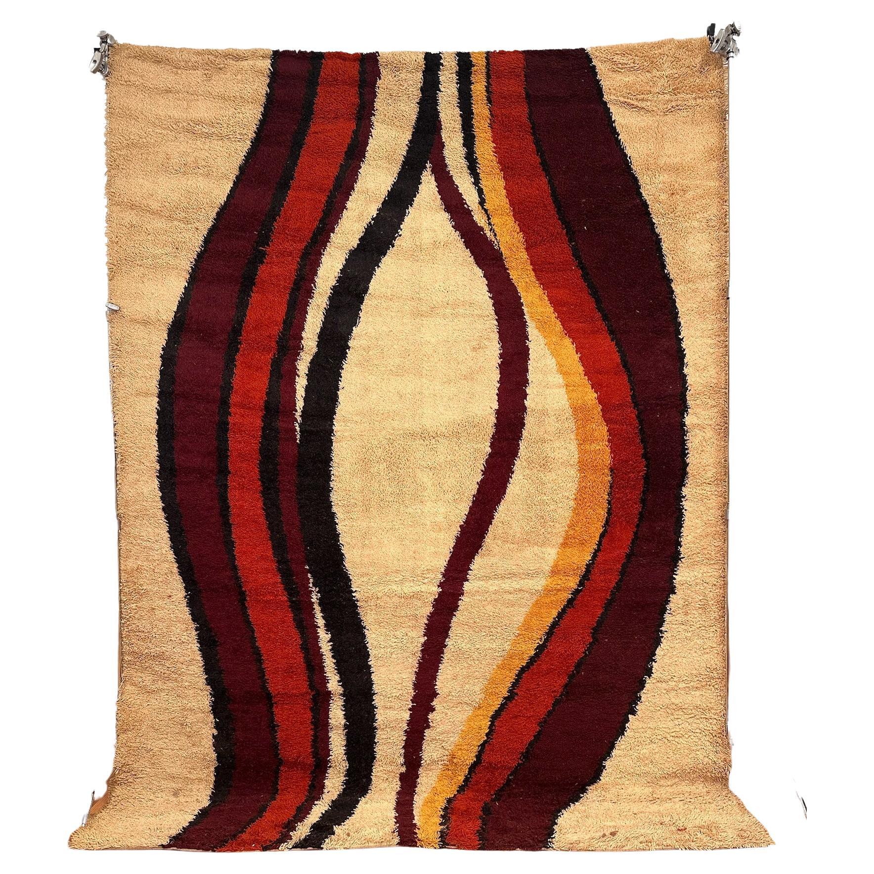 BELLE RYA 70's Scandinavian Cream Burgundy Waves UNUSED Mid Century Wool Rya Rug