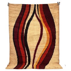 Retro 70's BELLE RYA Scandinavian Cream Burgundy Waves UNUSED Mid Century Wool Rya Rug