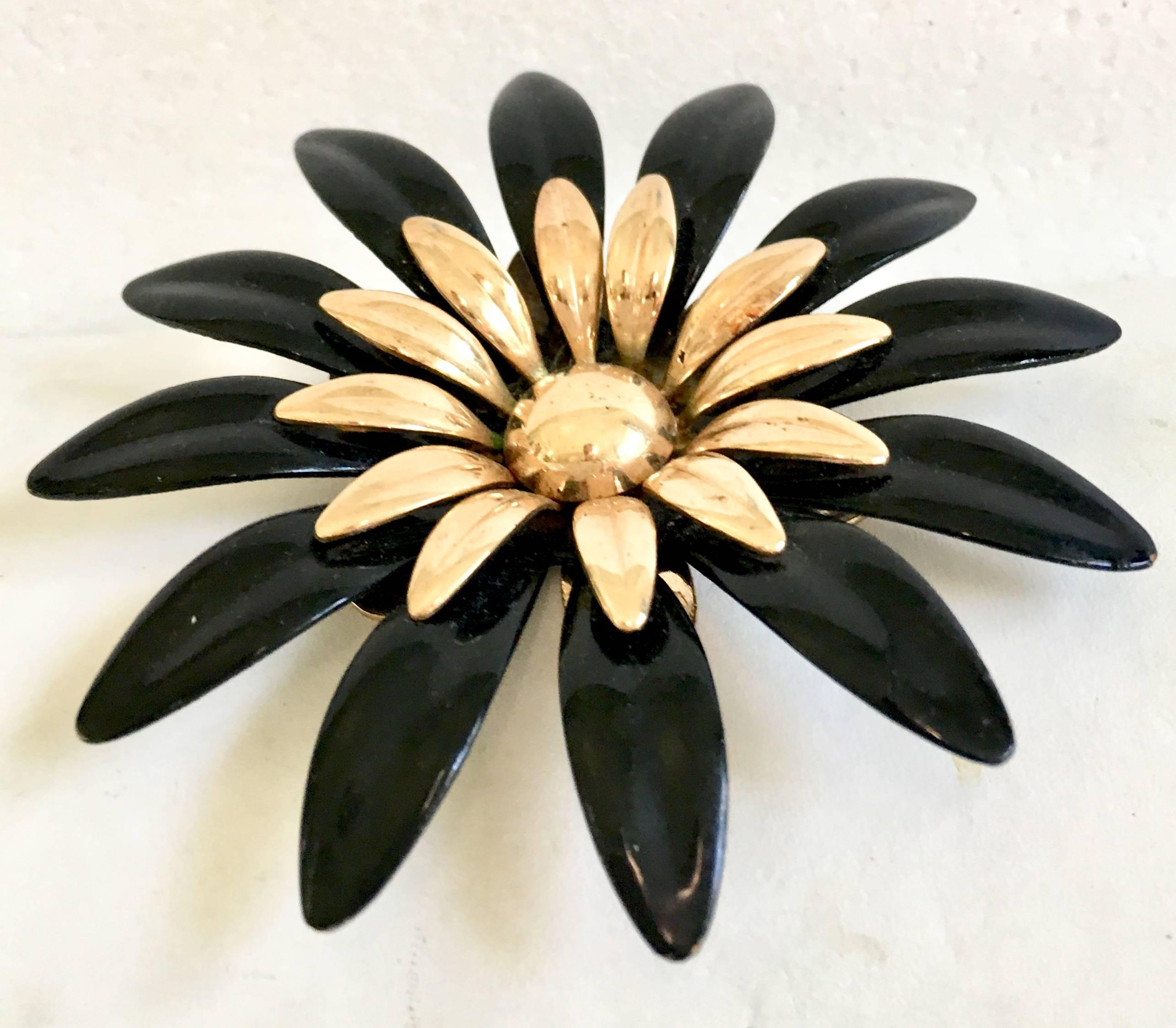 70'S Black Enamel & Gold Plate Oversized Dimensional Flower Brooch By, Sarah Coventry.
Signed on the underside, Sarah Cov.
