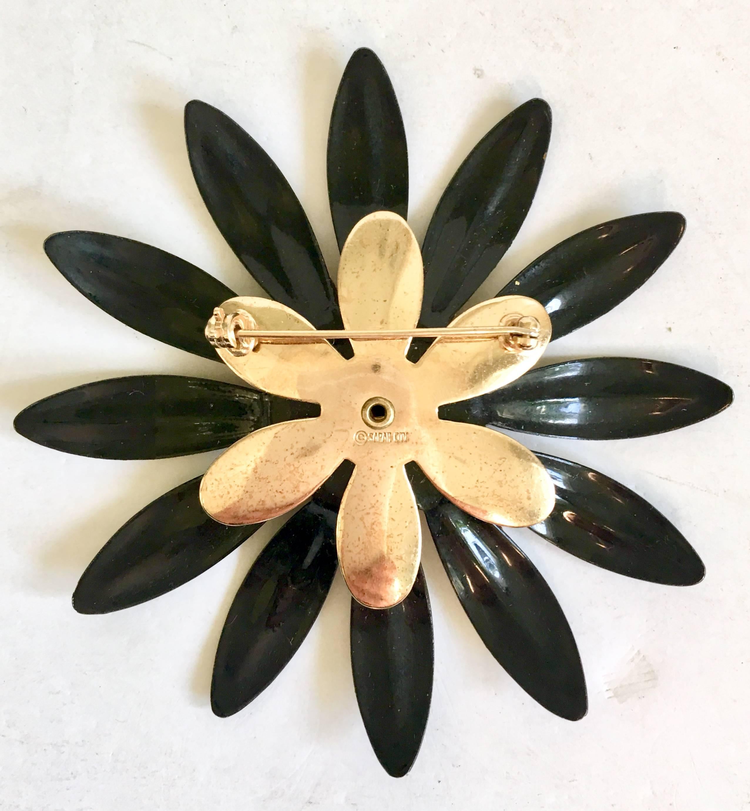 Women's or Men's 70'S Black Enamel & Gold Plate Flower Brooch By, Sarah Coventry
