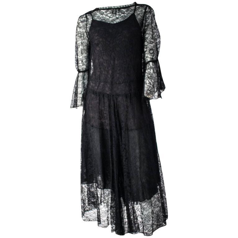 70s Black Lace Dress and Slip.  In Good Condition For Sale In San Francisco, CA
