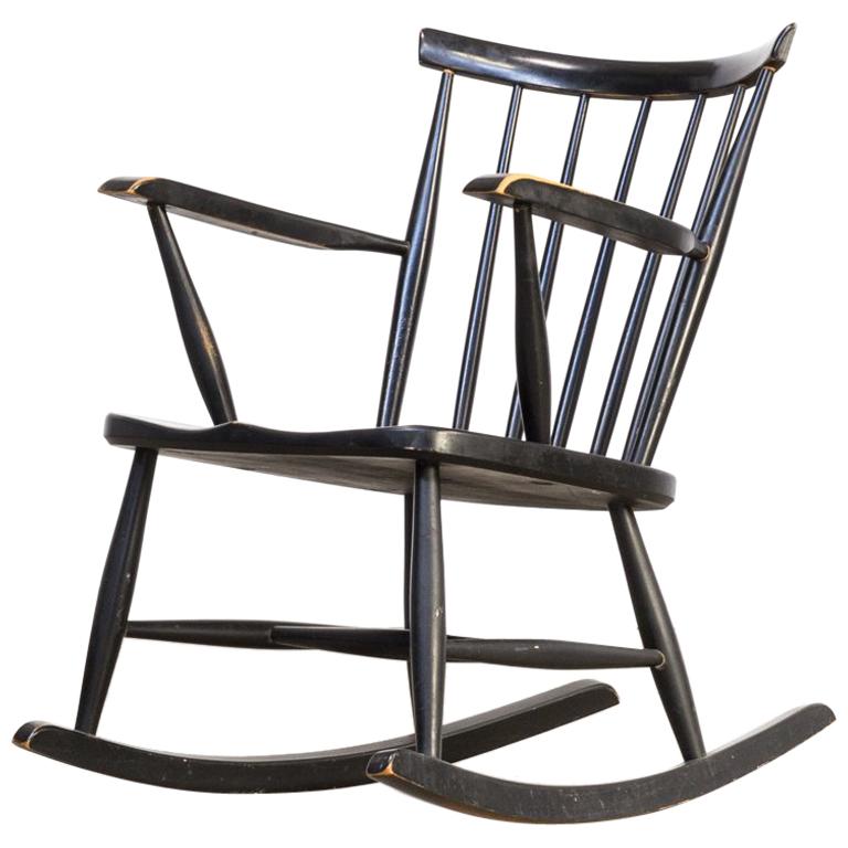 1970s Black Lacquered Wooden Rocking Chair For Sale