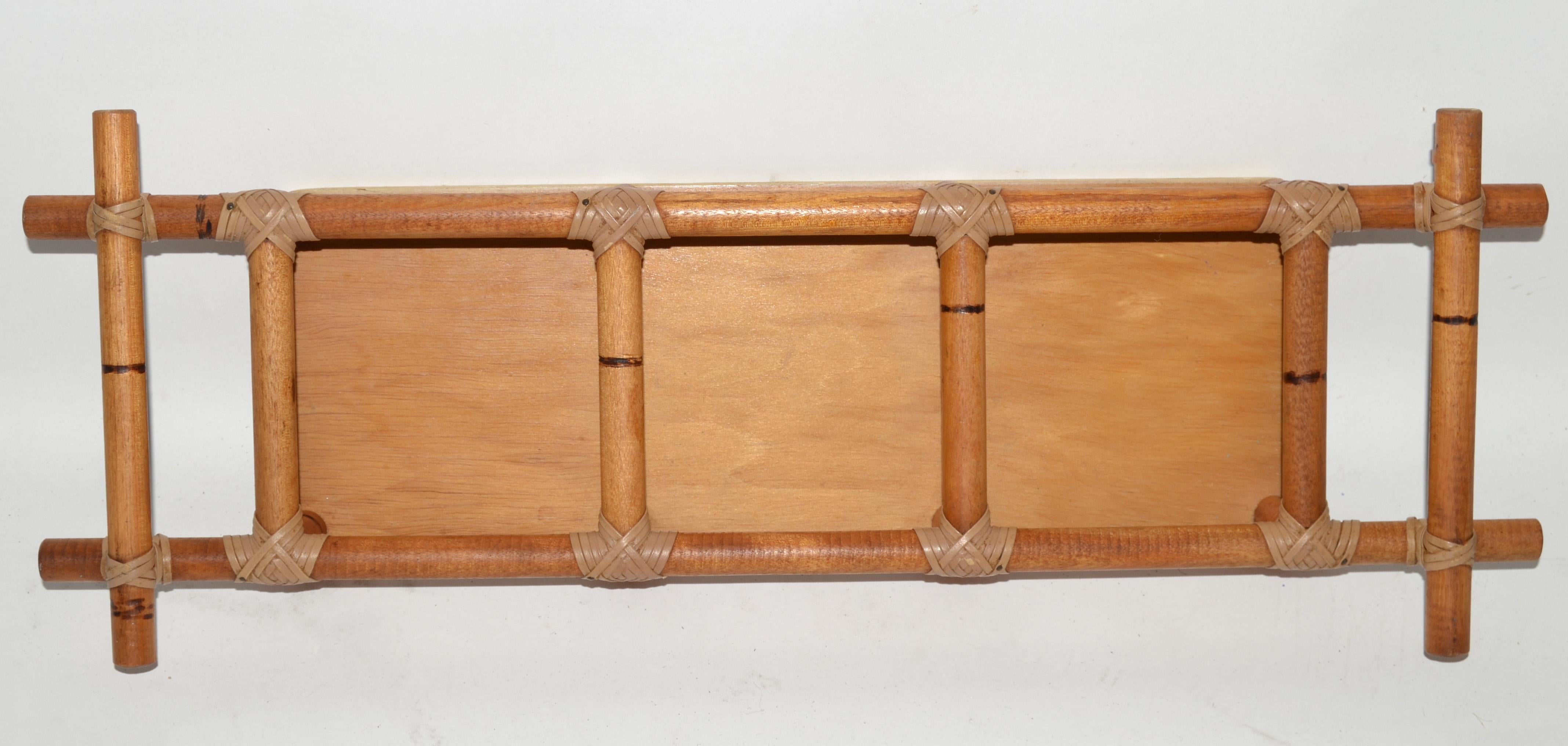70s Bohemian Bamboo Wood Rectangle Spice Oil Vinegar Serving Tray Caddy Leather  For Sale 4