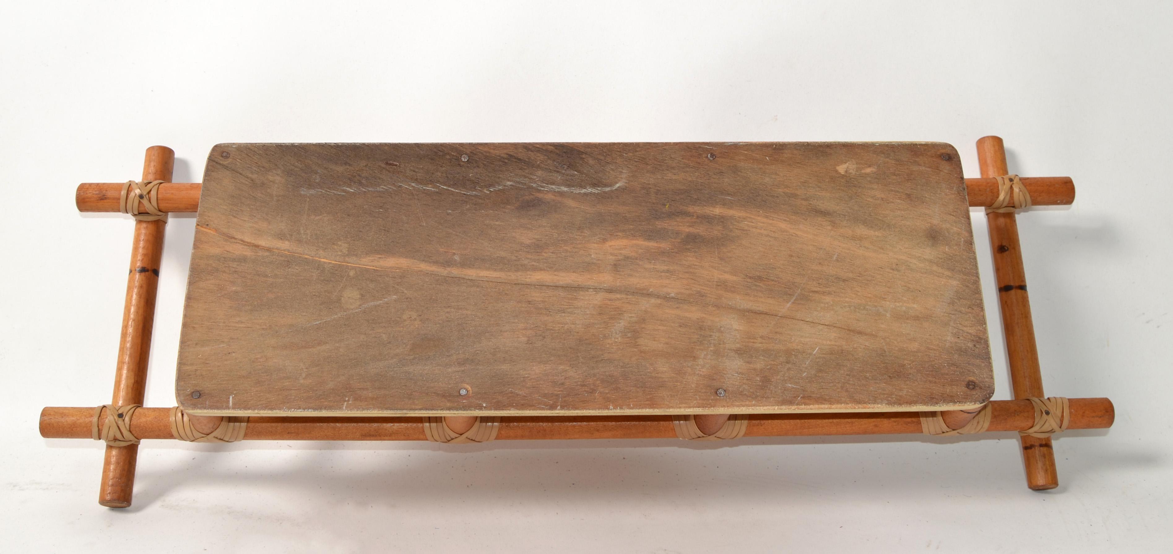 70s Bohemian Bamboo Wood Rectangle Spice Oil Vinegar Serving Tray Caddy Leather  For Sale 5