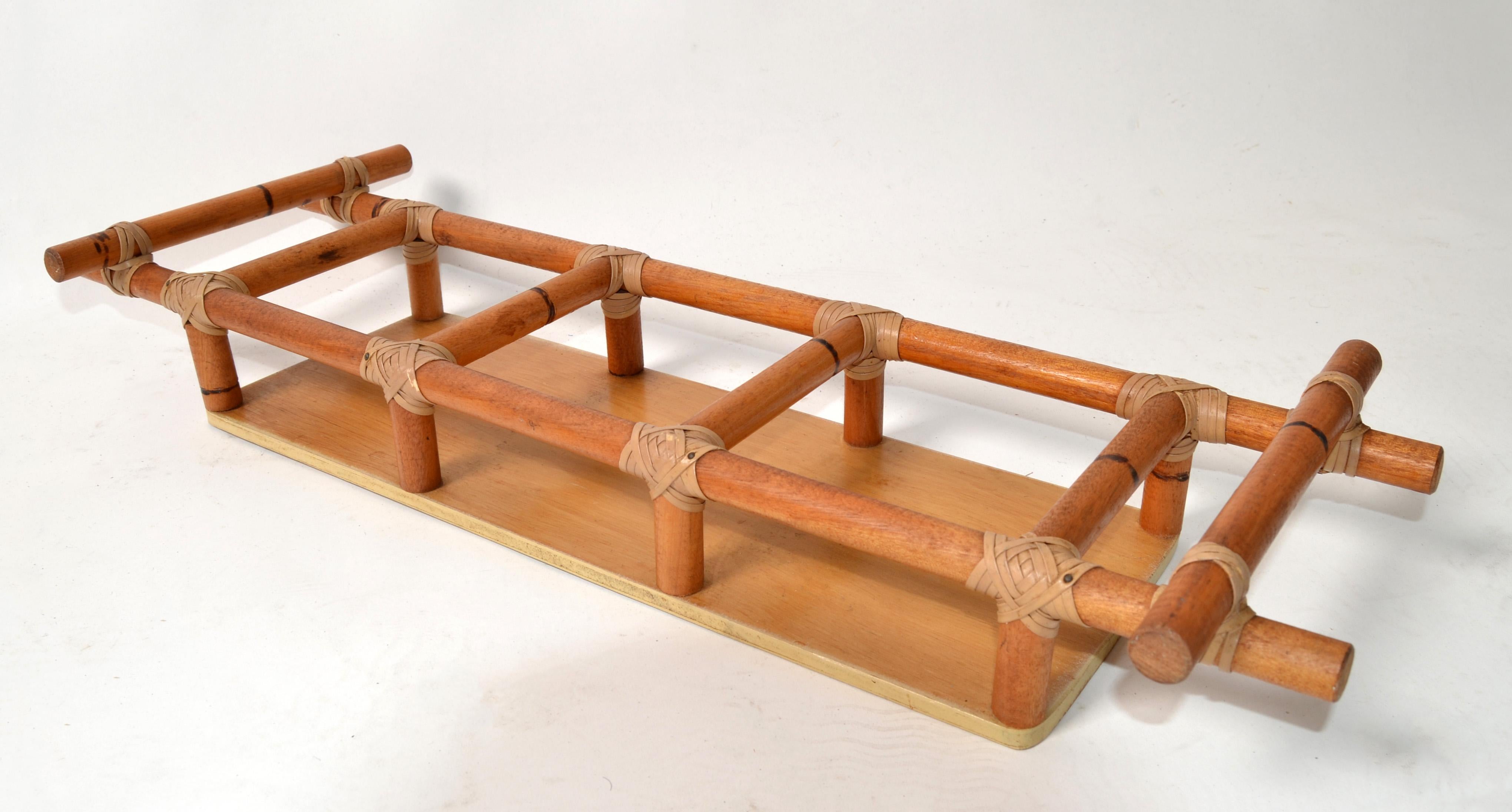 Hand-Crafted 70s Bohemian Bamboo Wood Rectangle Spice Oil Vinegar Serving Tray Caddy Leather  For Sale