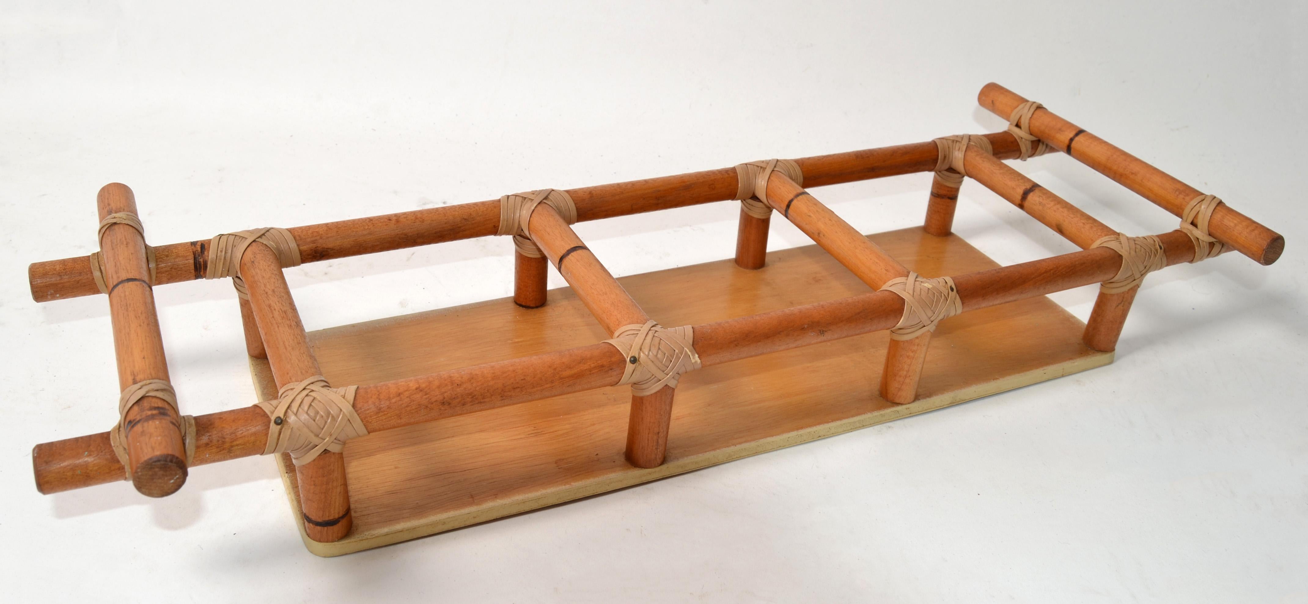 20th Century 70s Bohemian Bamboo Wood Rectangle Spice Oil Vinegar Serving Tray Caddy Leather  For Sale