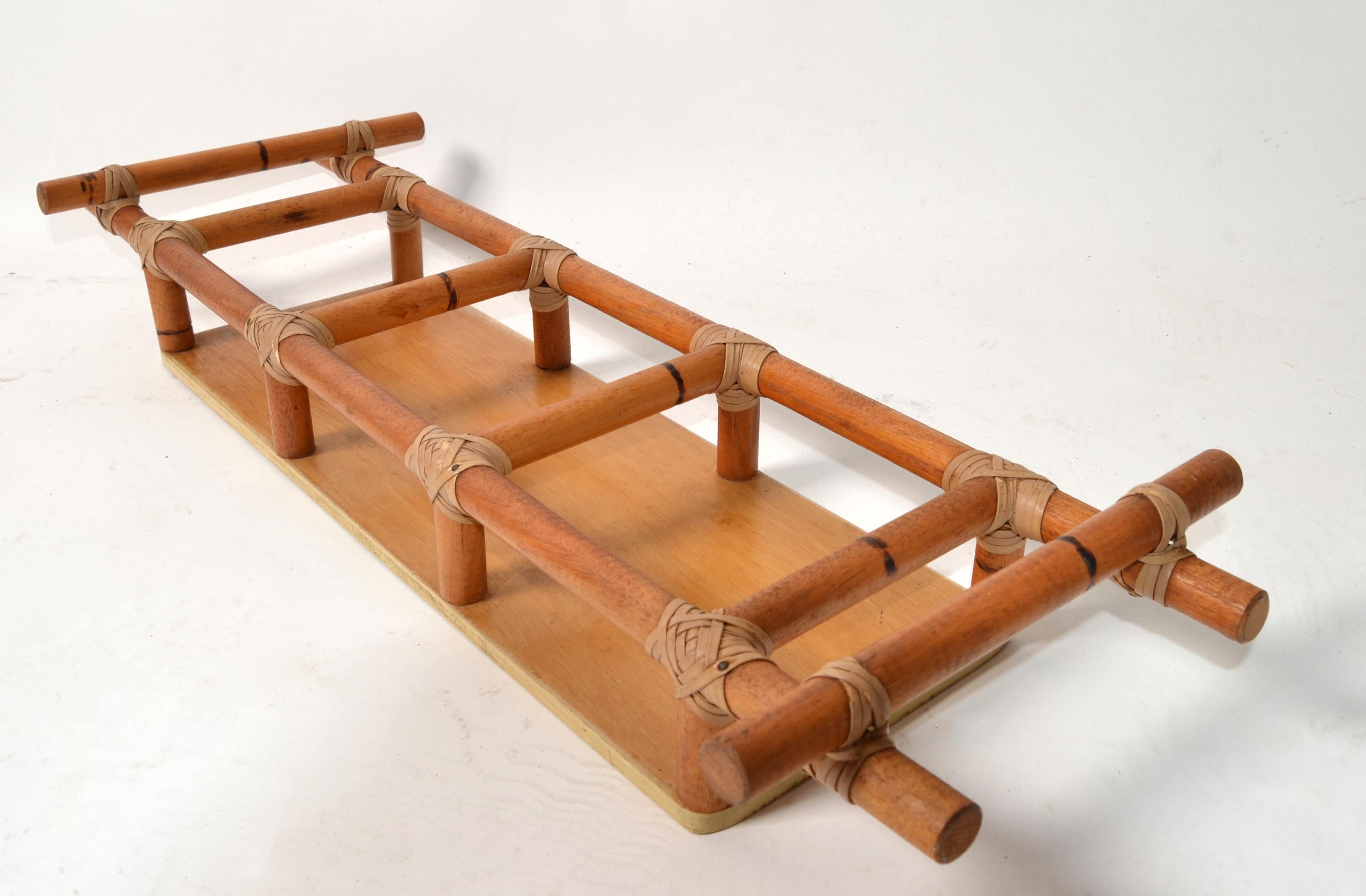 70s Bohemian Bamboo Wood Rectangle Spice Oil Vinegar Serving Tray Caddy Leather  For Sale 1