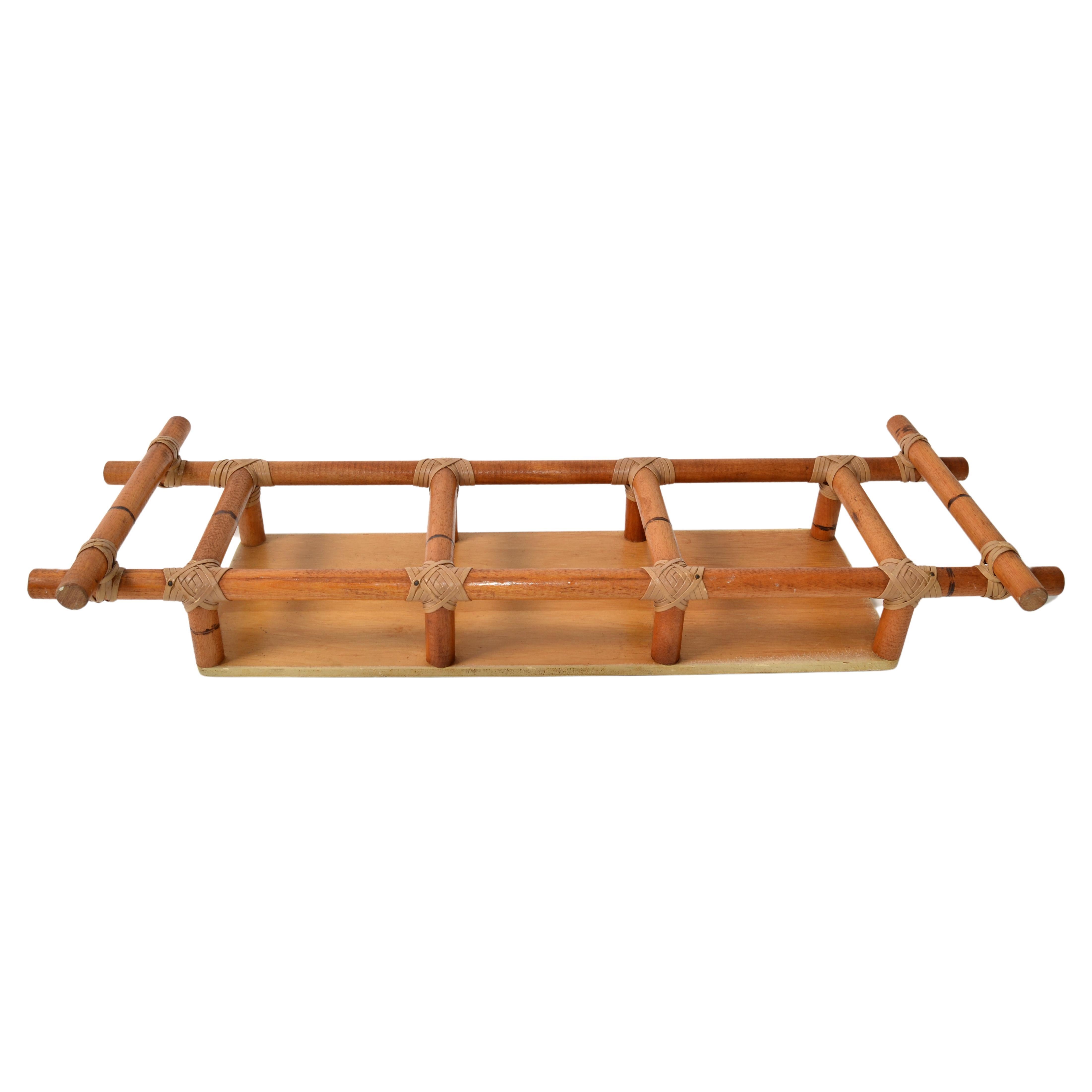 70s Bohemian Bamboo Wood Rectangle Spice Oil Vinegar Serving Tray Caddy Leather  For Sale