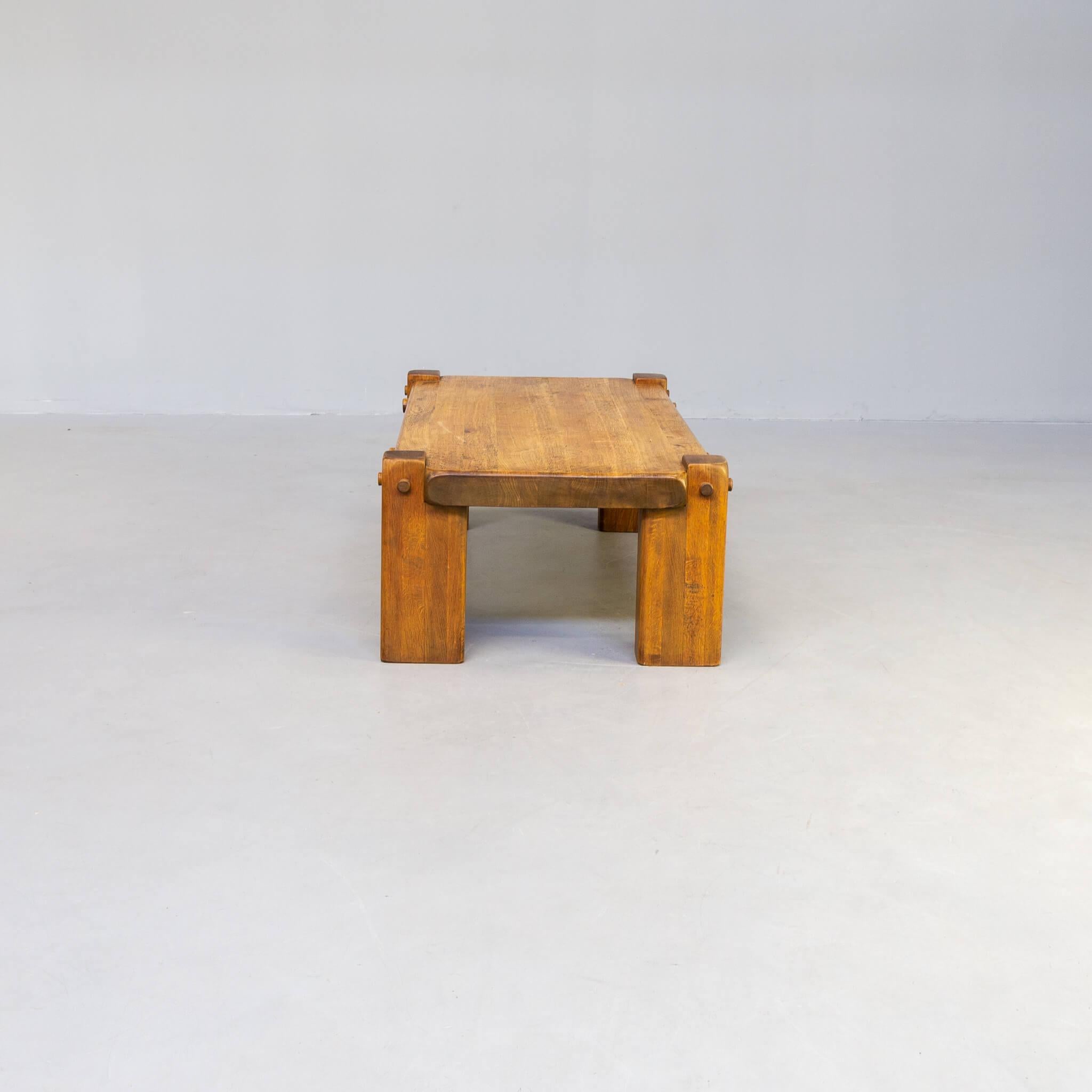 French 70s Brutalist Full Oak Coffee Table For Sale