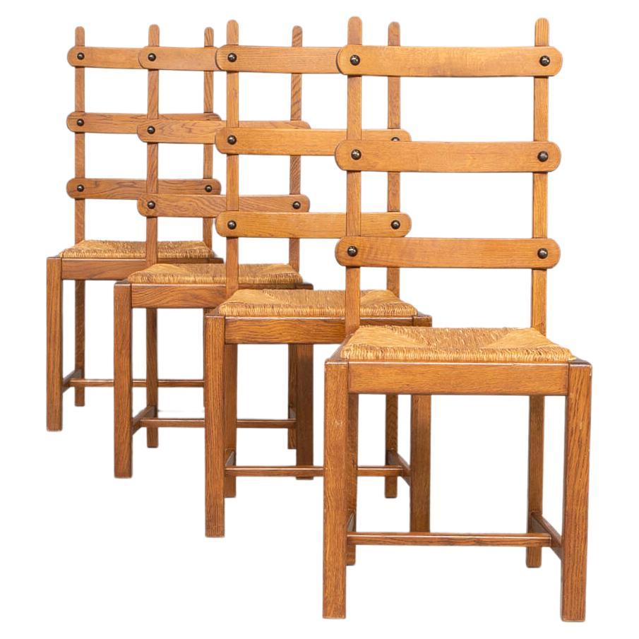 70s Oak and Wicker Brutalist High Back Dining Chair Set/8 For Sale at